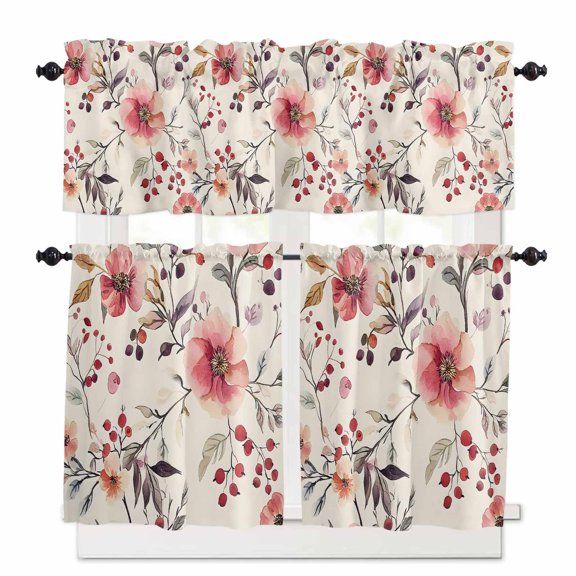 Vintage Red Flowers Kitchen Curtains Valances and Tiers Set of 3, 24 Inch Length Tier Curtains and Valance Rod Pocket Valance Curtains Set for Kitchen Bathroom Small Windows