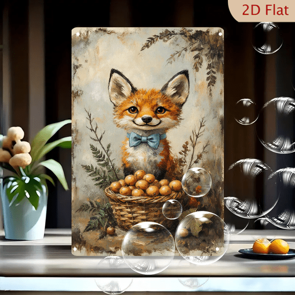 Vintage Red Fox with Autumn Fruits 8x12 inch Metal Wall Art, Rustic Woodland Scene with Wicker Basket and Ferns, Cozy Nostalgic Decor for Home Kitchen