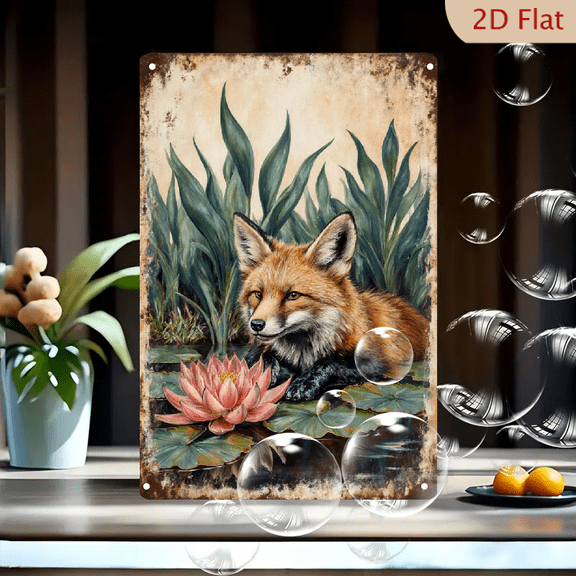 Vintage Red Fox Resting in Water with Lotus Flower and Reeds, 8x12 Inches Rustic Aged Metal Wall Art Print for Living Room, Bedroom, Office Decor