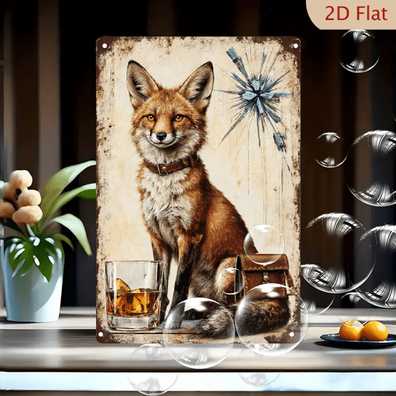 Vintage Red Fox Sitting with Whiskey Glass & Satchel Retro Tin Sign Wall Art 8x12 Inches, Anthropomorphic Wildlife Decor for Bar Pub Home Office