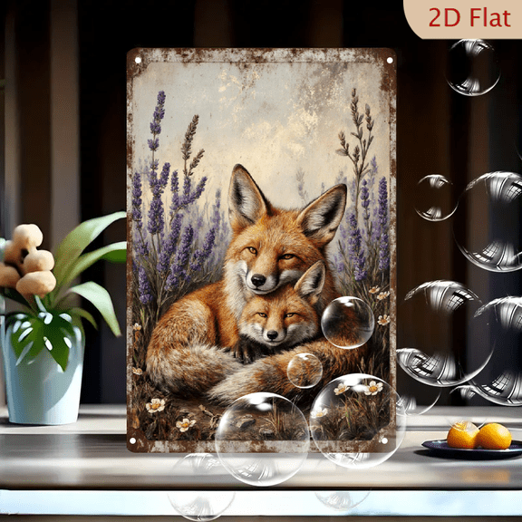 Vintage Red Foxes in Lavender Field Wall Art, 8x12 Inch Metal Tin Sign Print, Rustic Farmhouse Decor for Home Kitchen Bedroom Living Room, Serene Nature Illustration with Family Love Theme