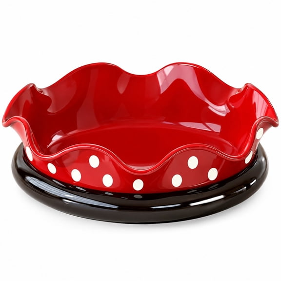 Vintage Red Fruit Bowl, Single Pack 10.1 in Scalloped Serving Bowl with White Polka Dot Design and Raised Base for Fruit, Snacks and Tabletop Decor