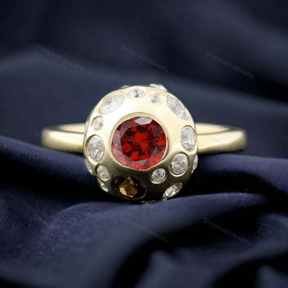 Vintage Red Garnet Engagement Ring Yellow Gold Vermeil Women's Ring January Birthstone Jewelry Art Deco Statement Ring Diamond Promise Gift
