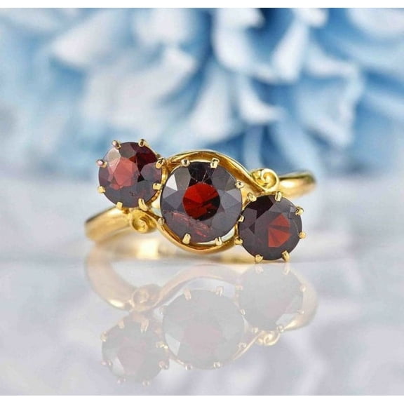 Vintage Red Garnet Ring Three Stone Ring Gold Plated 925Silver Women Halo Wedding Proposal Ring Statement Ring Birthday Promise Gift For Her