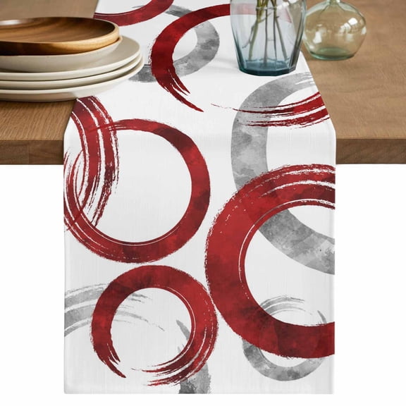 Vintage Red Gray Circle Lines Table Runner, Abstract Art White Background Cotton Linen Kitchen Table Decoration Washable Dining Tabletop Runners for Home Party Decor 13x36 Inches