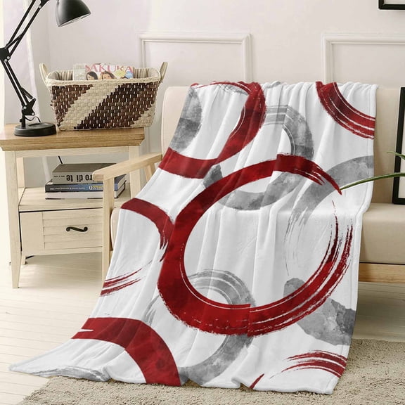 Vintage Red Gray Circle Lines Throw Flannel Blanket 50x80In Abstract Art White Background Super Soft Cozy Bed Blanket, Lightweight Plush Fuzzy Bed Throw for Bedroom Sofa Couch Living Room