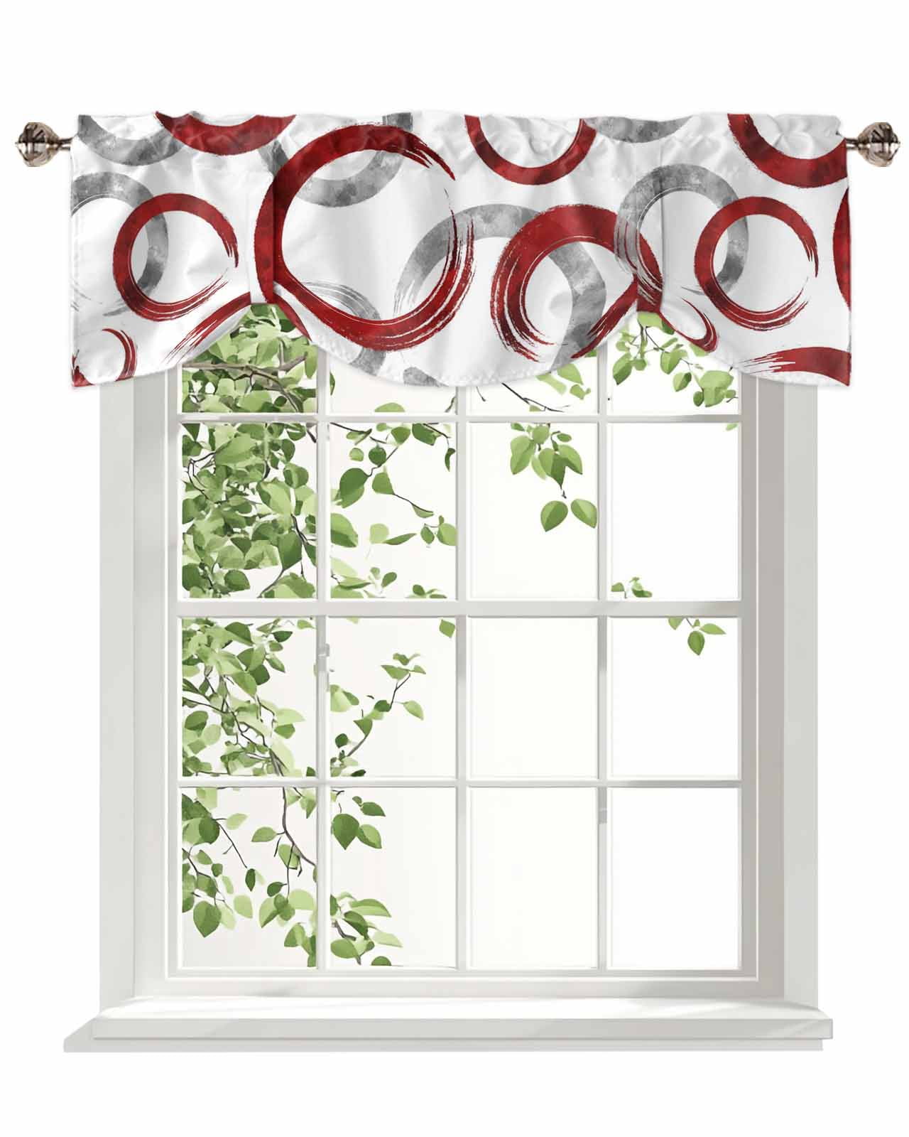 Vintage Red Gray Circle Lines Tie Up Valances Curtain, Adjustable Kitchen Abstract Art White Background Valances for Windows Decor, Rod Pocket Short Curtains Set for Bedroom/Bathroom, 54"x18"