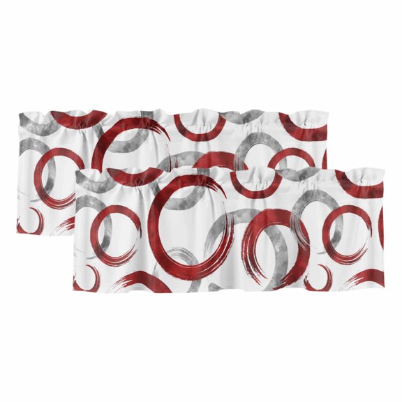 Vintage Red Gray Circle Lines Window Valance, Abstract Art White Background 2 Pack Decorative Curtain for Small Windows, Light Filtering Valance with 3” Rod Pocket, 42"W x 12"L