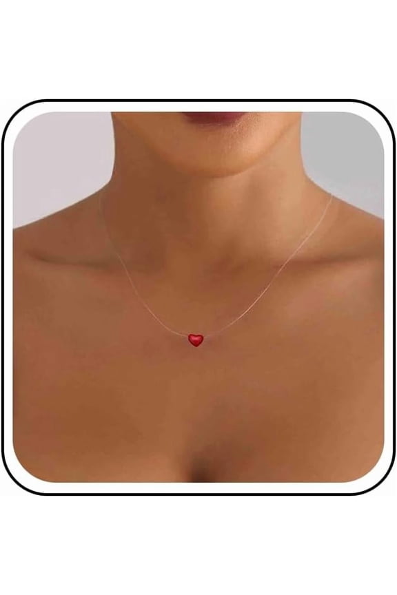 Vintage Red Heart Pendant Necklace Silver Transparent Invisible Chain Necklace Tiny Heart Choker Necklace Heart Fishing Line Necklace Chain Jewelry for Women