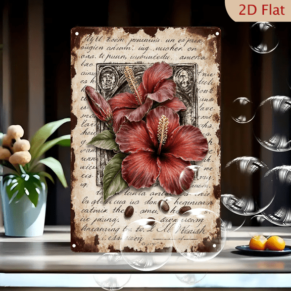 Vintage Red Hibiscus Flowers with Coffee Beans on Parchment Background, 8x12 inch Metal Wall Art Print with Ornate Frame and Cursive Script, Rustic Decorative Tin Sign for Home Kitchen