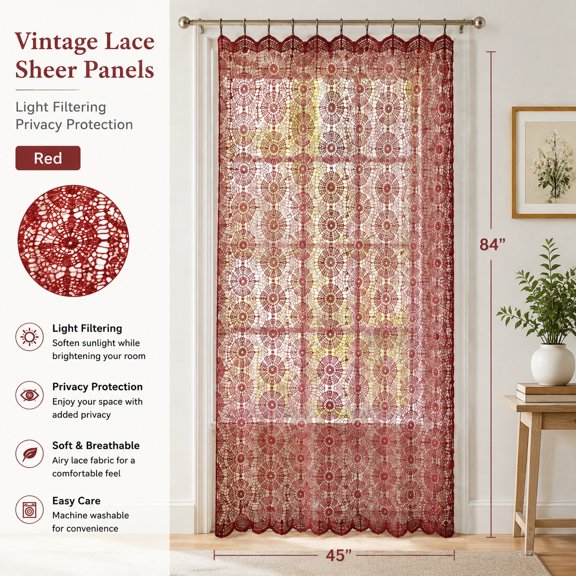 Vintage Lace Sheer Curtains 52W x 45L Victorian Floral Pattern Light Filtering Panels for Living Room Bedroom Holiday Decor 2-Pack