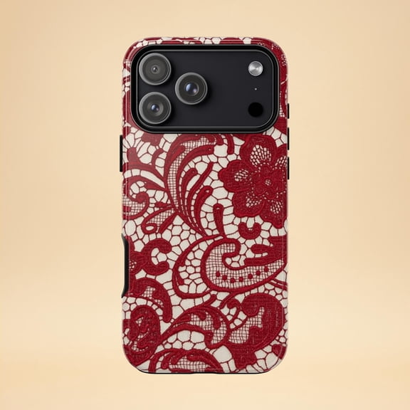 Vintage Red Lace Pattern Phone Case Fits iPhone Samsung Galaxy Durable Hard Shell Elegant Valentine Gift