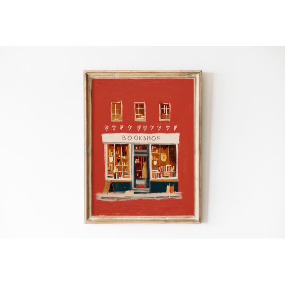 Vintage Red Library Romantic Valentine Day Bookstore Decor, Unframed Paper Poster 8x10in