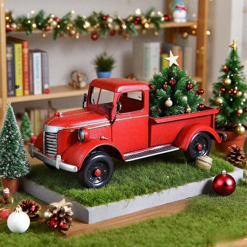 Red Metal Truck Christmas Decor - Vintage Rustic Farmhouse Holiday Decoration