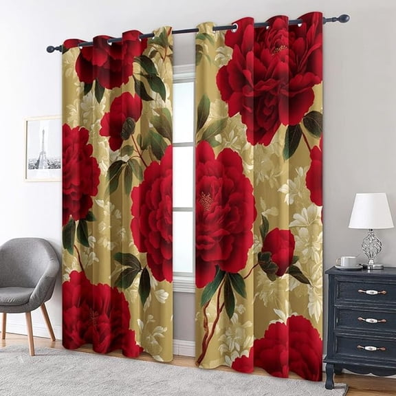 Vintage Red Peony Print Blackout Curtains With Grommets, Luxurious Floral Window Drapes for Bedroom And Living Room, Dramatic Light Blocking Home Decor 26"W x 45"L (Pack of 2)