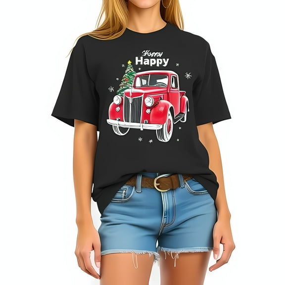 Vintage Red Pickup Truck Christmas Tree Cotton Short Sleeve T-Shirt - Merry Happy Festive Design Oversized Casual Wear