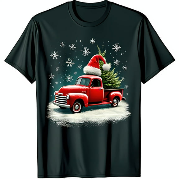 Vintage Red Pickup Truck Christmas Tree T-Shirt with Santa Hat & Snowflakes