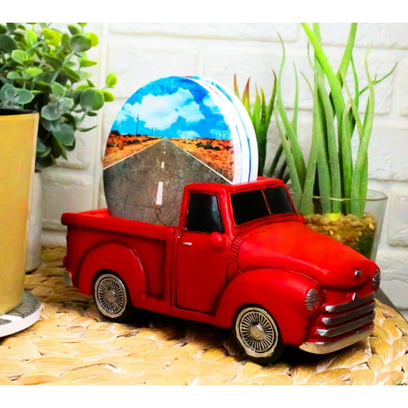 Vintage Red Pickup Truck Hauling Road Trip Route 66 Decal Coasters Figurine Set