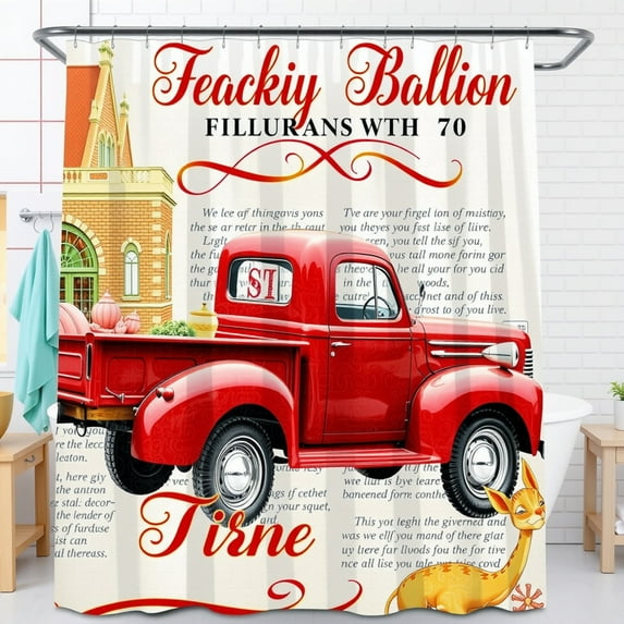 Vintage Red Pickup Truck Shower Curtain with Pumpkins & Whimsical Farmhouse Scene - Rustic Decor