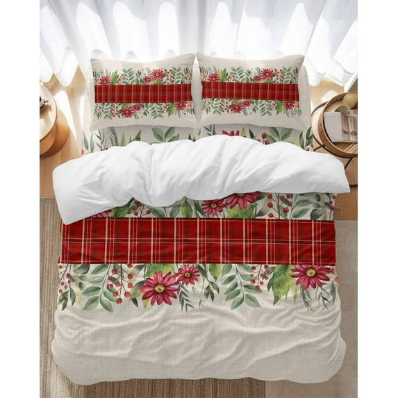 Vintage Red Plaid Bedding Duvet Cover Set Twin Size 4 Pieces Flower Green Leaf Winter Plant Linen Bedding Set with Zipper Closure, 1 Comforter Cover 68x86 Inches 1 Flat Sheet & 2 Pillow Cases