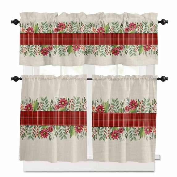Vintage Red Plaid Kitchen Curtains and Valances Set, Flower Green Leaf Winter Plant Linen Rod Pocket Window Valance 18 Inch Window Curtain Panels for Living Room Bedroom Laundry, 27.5x36in, 3 Pieces