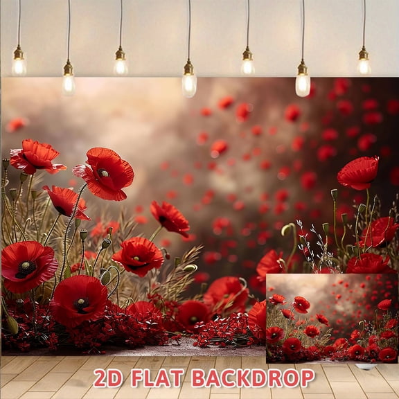 Vintage Red Poppy 2D Backdrop, Suitable for Wedding Decoration, Photography Shooting, Party Decor, Indoor Wall Decoration
