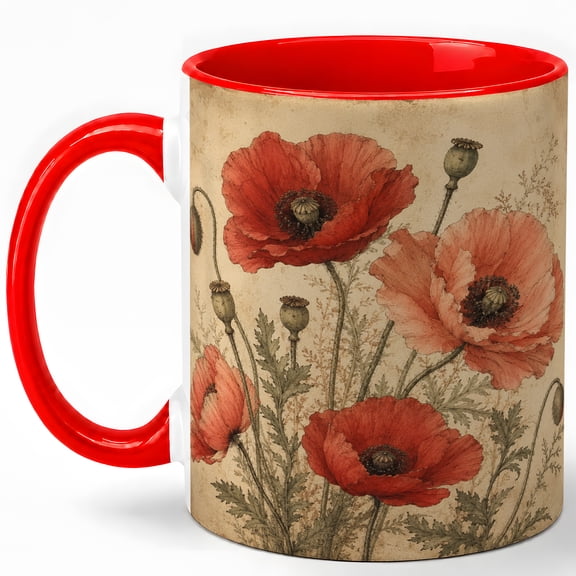Vintage Red Poppy Flower Coffee Mug, Botanical Wildflower Illustration Design, 11 oz Ceramic Cup