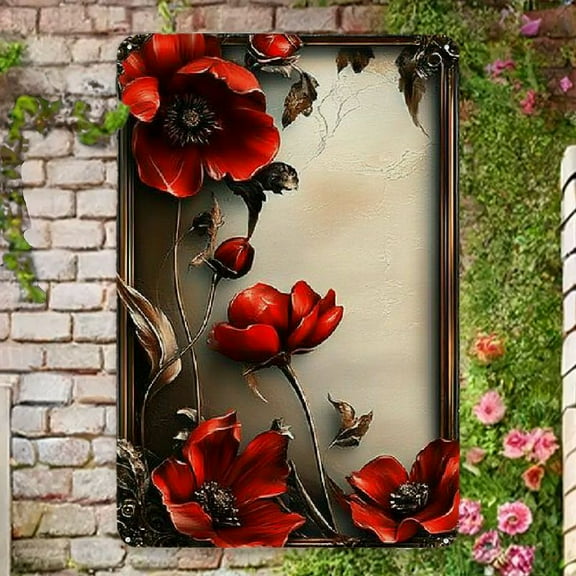 Vintage Red Poppy Flower Metal Iron Sign Plaque 3D Visual Effect Wall Art Decor for Garden, Patio, Living Room, Artistic Wall, Cafe, Man Cave,  Office, Room, Club, Party - Waterproof, Pre-drilled