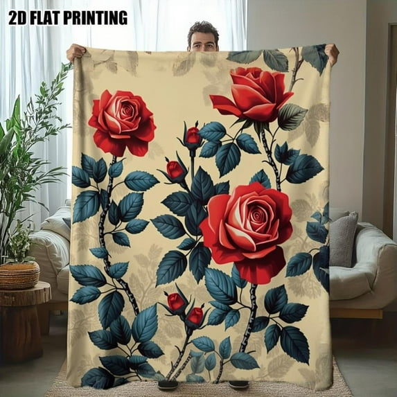 Vintage Red Rose and Gold Floral Print Flannel Throw Blanket - Soft, Comfortable, Warm Bedspread Lightweight All-Season Decorative Bed Cover