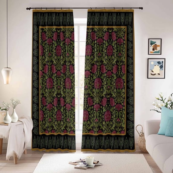 Vintage Red Roses Blackout Curtains for Bedroom/Living Room, Pinch Pleated Black Out Curtains, Abstract Art Floral Green Leaves Room Darkening Window Drapes with Hooks 2 Panels, 39"x70"