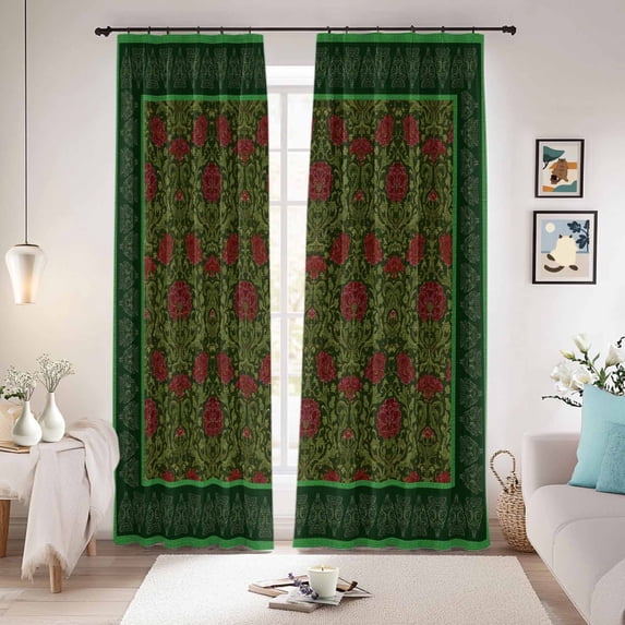 Vintage Red Roses Blackout Curtains for Bedroom/Living Room, Pinch Pleated Black Out Curtains, Green Abstract Art Floral Ethnic Room Darkening Window Drapes with Hooks 2 Panels, 39"x70"
