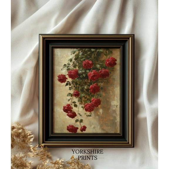 Vintage Red Roses Botanical Print, Shabby Chic Victorian Wall Art 3476 UNFRAMED Poster, 8x12