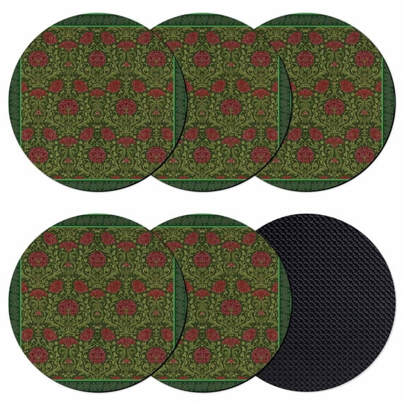 Vintage Red Roses Coasters Set of 6, Absorbent Coasters for Drinks, Green Abstract Art Floral Ethnic Coaster for Desk Coffee Table Protection, Home Decor House Warming Gifts 4"
