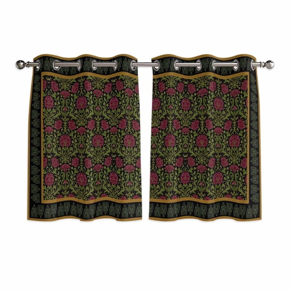 Vintage Red Roses Kitchen Curtains Window Panels, Abstract Art Floral Green Leaves Insulated Window Treatment Curtain, Grommet Curtains for Bedroom/Living Room/Bathroom, 2 Piece 42"Wx45"L