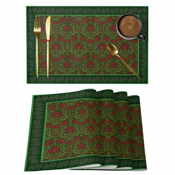 Vintage Red Roses Placemats Set of 12 Green Abstract Art Floral Ethnic Place Mats Indoor Wipeable Table Mats Washable Cloth Dining Table Placemats for Kitchen Holiday Party Home Decor 13x19 Inch