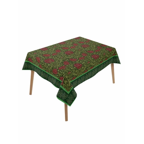 Vintage Red Roses Rectangle Tablecloth, Green Abstract Art Floral Ethnic Waterproof & StainResistant Tablecloth, Washable Oil-proof Table Cover for Dining/Party/Wedding/Camping/Buffet 52x70 In