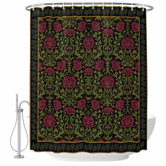 Vintage Red Roses Shower Curtain, Waterproof Shower Curtains for Bathroom, Abstract Art Floral Green Leaves Washable Fabric Bathtub Curtain Set Bath Decor with 12 Hooks Extra Long 72"x96"