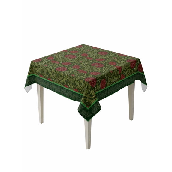 Vintage Red Roses Table Cloth, Waterproof Tablecloth for Square Tables, Green Abstract Art Floral Ethnic Reusable Washable Fabric Table Cover for Restaurant Kitchen Dining Tables 60"x60"
