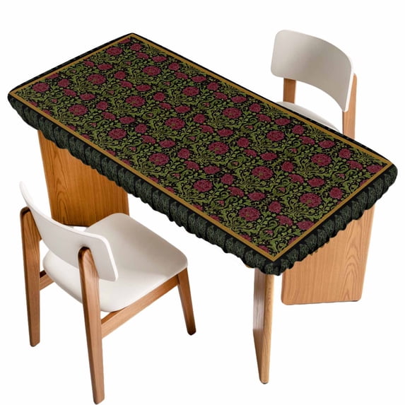 Vintage Red Roses Table Cloths for 3 Foot Rectangle Tables, Abstract Art Floral Green Leaves Patio Waterproof Elastic Fitted Tablecloths, Washable Rectangular Table Cover for Camping