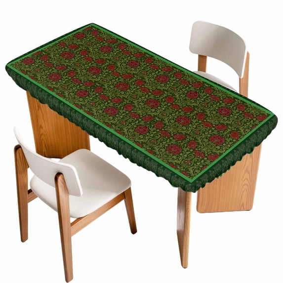 Vintage Red Roses Table Cloths for 4 Foot Rectangle Tables, Green Abstract Art Floral Ethnic Patio Waterproof Elastic Fitted Tablecloths, Washable Rectangular Table Cover for Camping