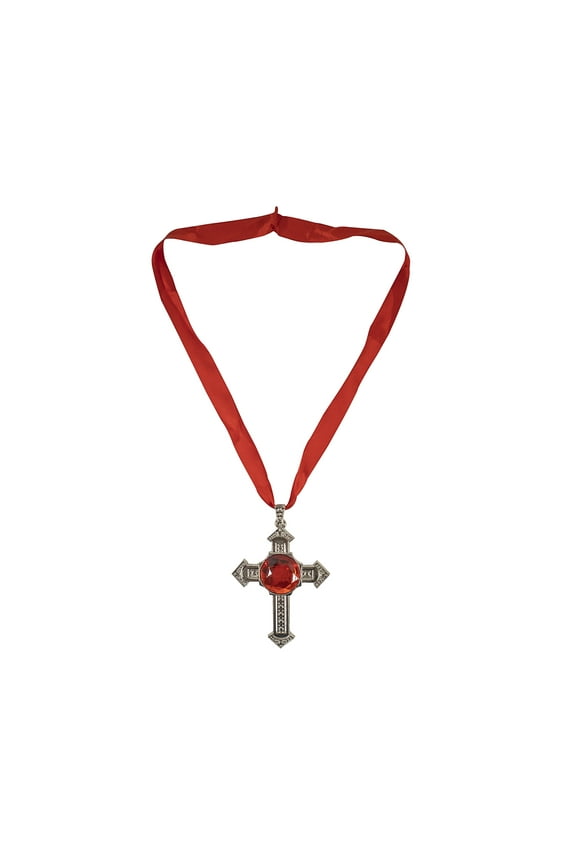 Vintage Red Ruby Stone Silver Cross Pendant Faux Medieval Necklace Costume Fashion Jewelry