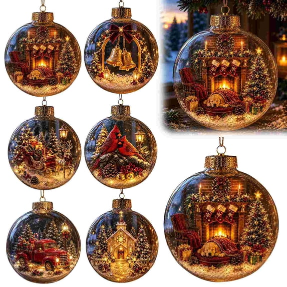 Vintage Red Sleigh Christmas Ornament LED Glowing Holiday Tree Decor Classic Snowy Scene Clear Ball Style Festive Winter Wonderland Hanging Pendant 1 Count
