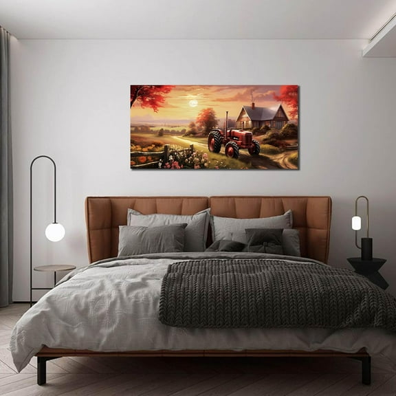 Vintage Red Tractor Canvas Wall Art 20x40 Inch Landscape Decor for Living Room Bedroom Home Office