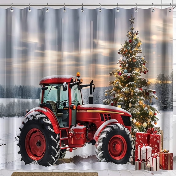 Vintage Red Tractor Christmas Shower Curtain Festive Holiday Farmhouse Decor for Winter Wonderland Bathroom Snowy Landscape Design