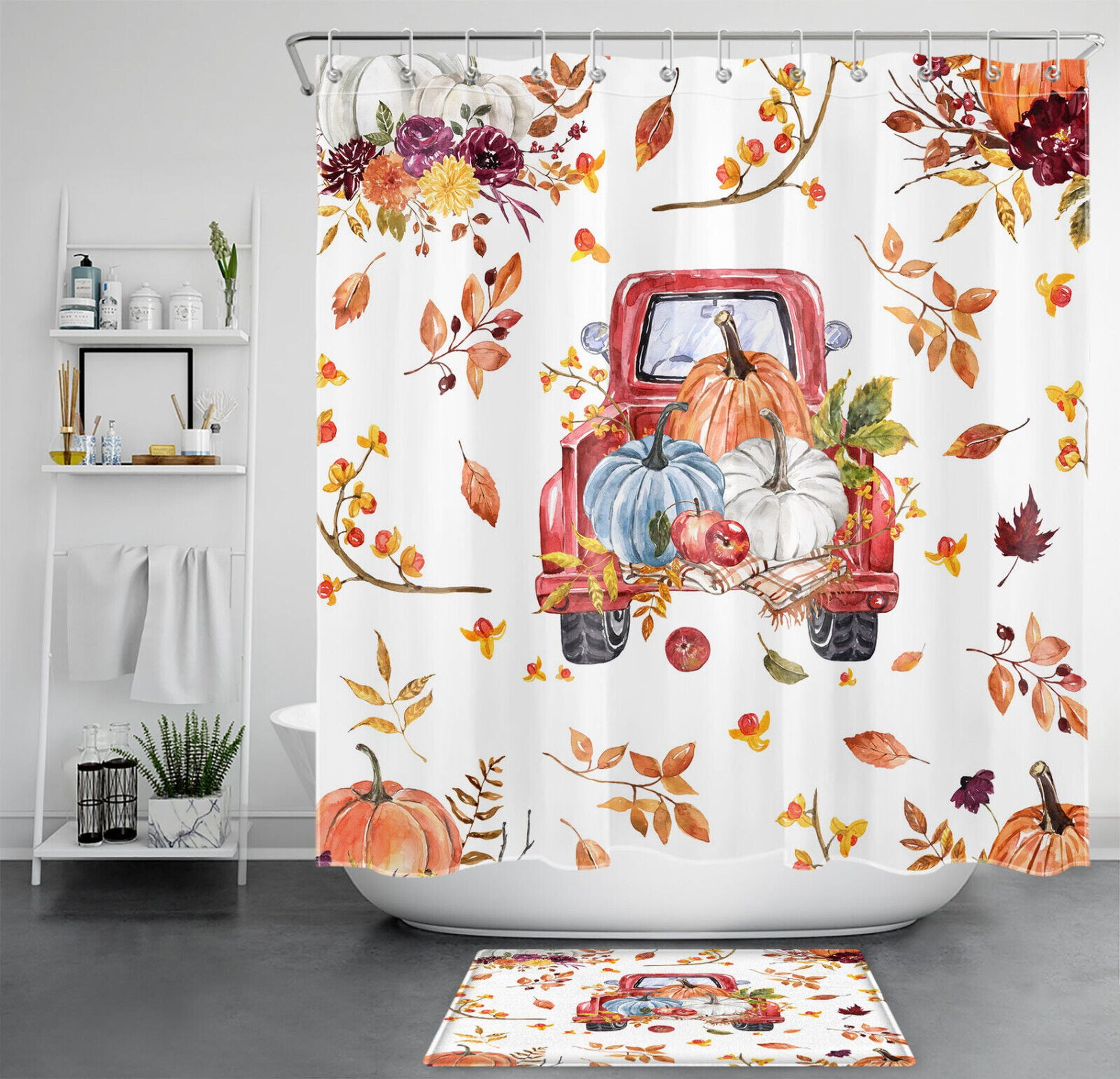 Vintage Red Truck Bathroom Decor Set Rustic Autumn Harvest Theme