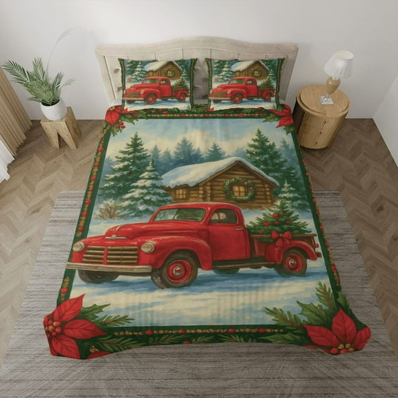 Vintage Red Truck Bedding Set – Rustic Christmas Cabin Bedding with Holiday Tree – Farmhouse Winter Decor - Duver Cover with Pillowcases Set
