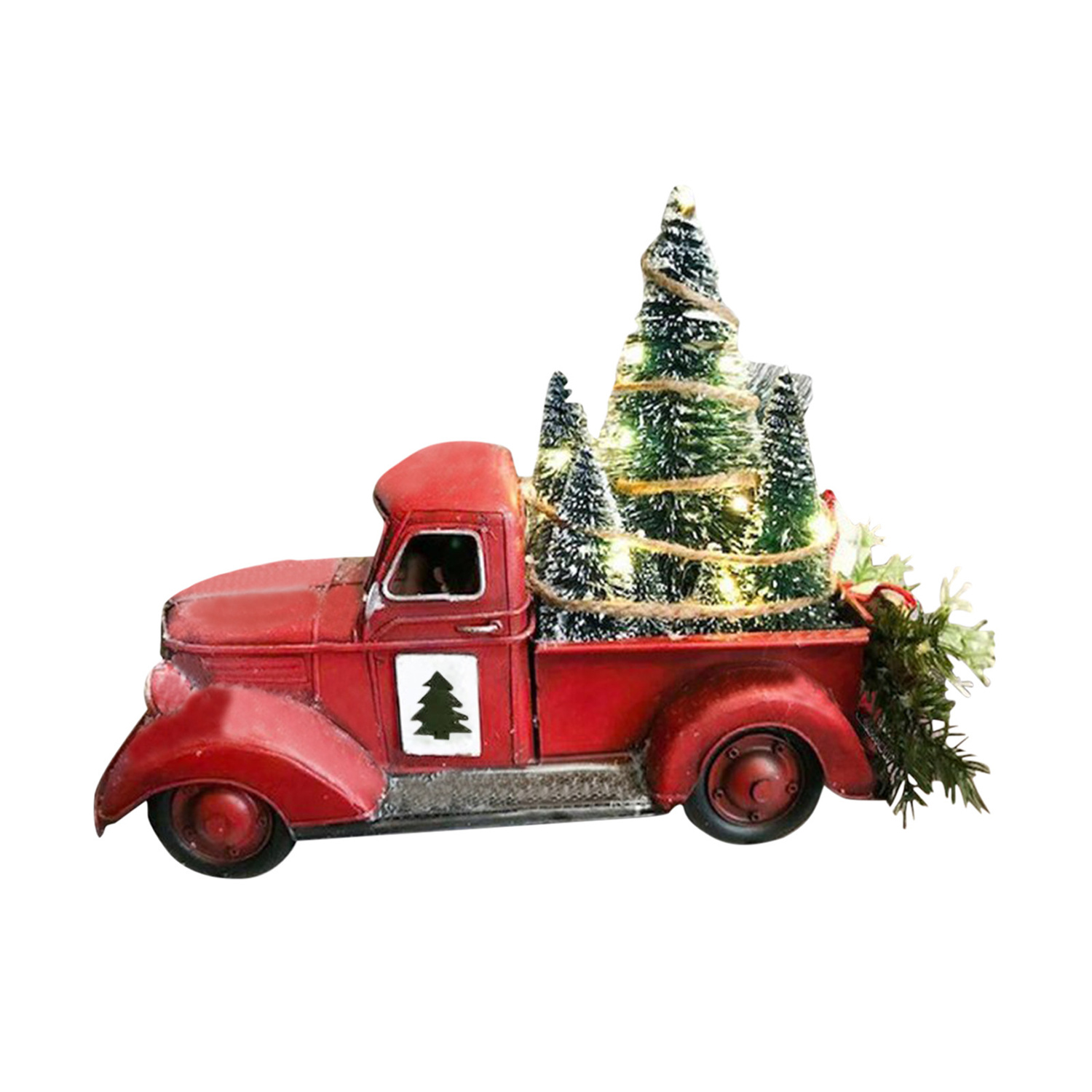 Vintage Red Truck Christmas Decor with a Lit-up Christmas Tree Wrapped