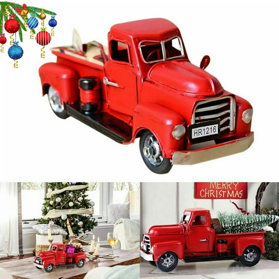 Vintage Red Truck Christmas Decor with Mini Christmas Tree, Christmas Tabletop Decoration