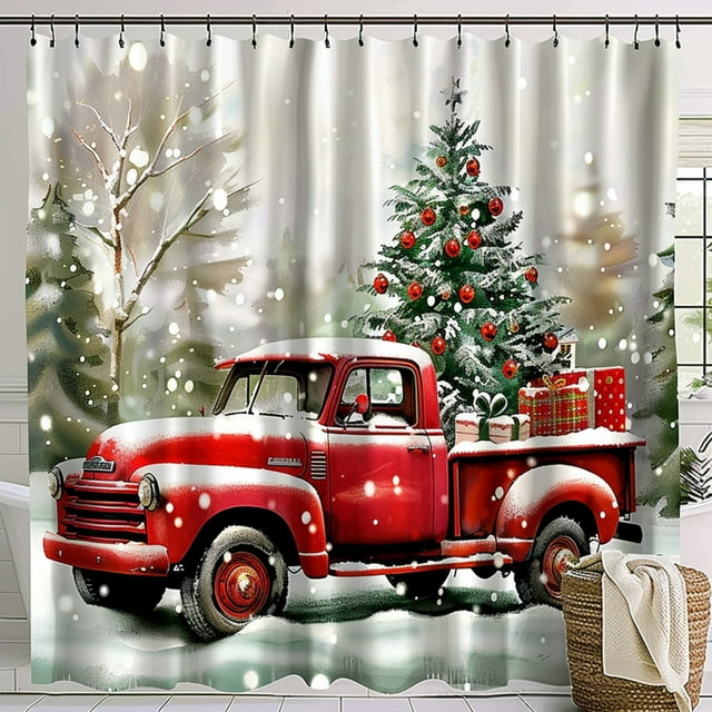 Vintage Red Truck Christmas Shower Curtain Bathroom Decor with Tree