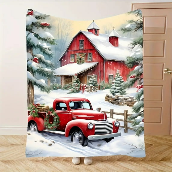Vintage Red Truck Christmas Snow Scene Throw Blanket Cozy Lightweight Flannel Ideal for Holiday Decor All-Season Comfort Machine Washable Halloween And Christmas Decorations